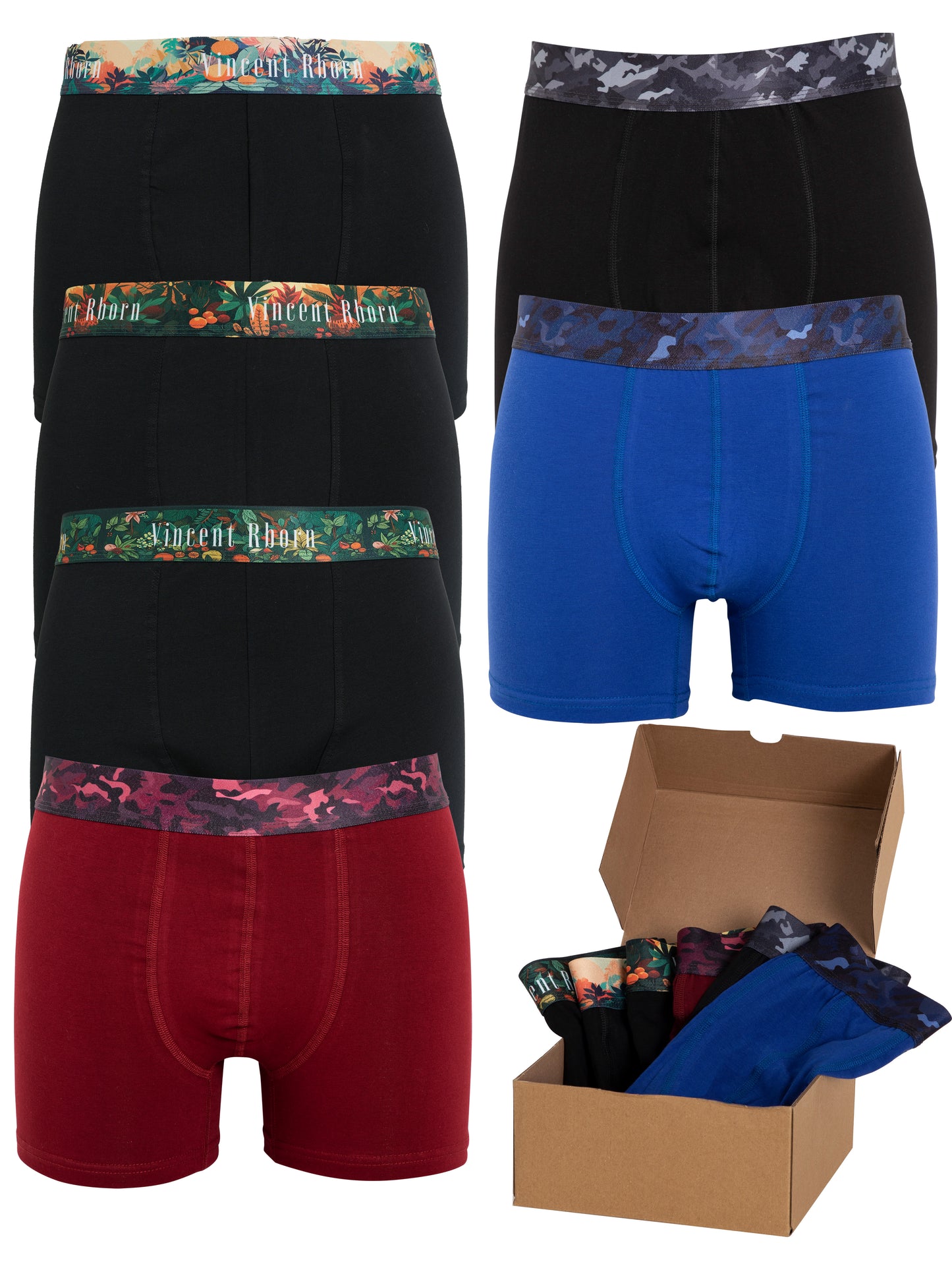 Vincent Rborn Erkek Pamuklu Esnek 6'lı Paket Boxer Tropicverse & Camouflage