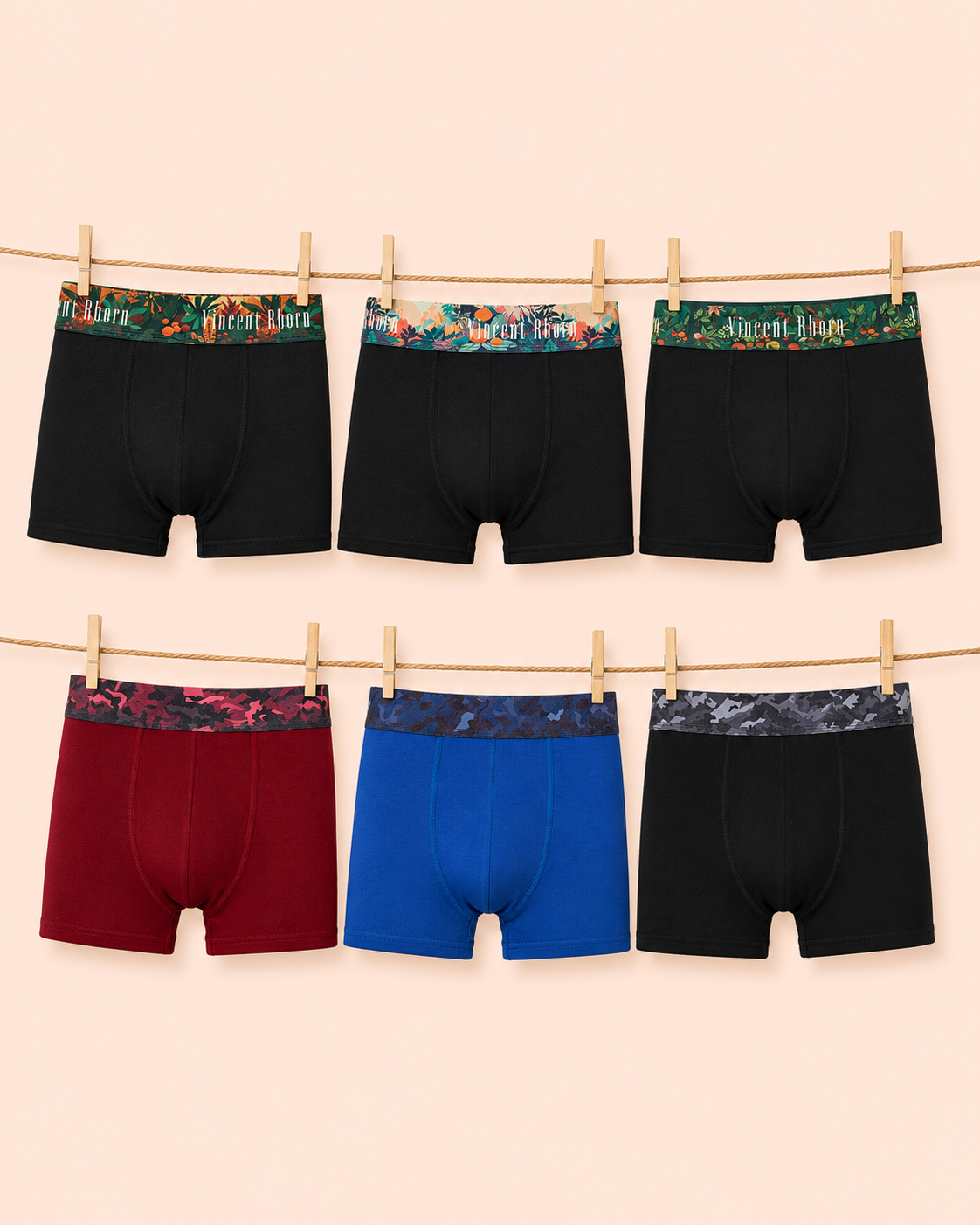 Vincent Rborn Erkek Pamuklu Esnek 6'lı Paket Boxer Tropicverse & Camouflage